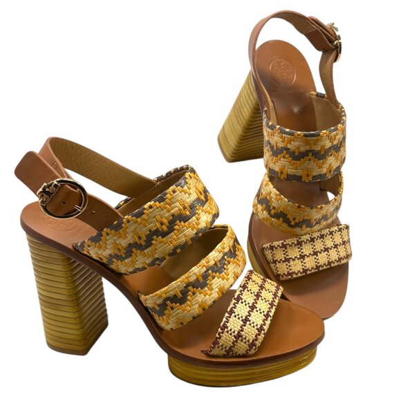 Tory Burch Shoes - Tory Burch Patos Leather Woven Raffia‎ Block Heel Sandal